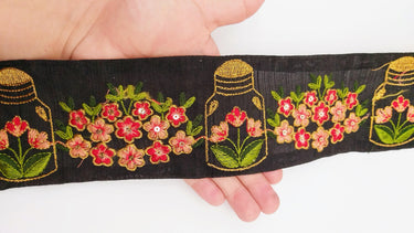 Black Art Silk Trim With Floral Embroidery & Sequins, Red, Green And Gold Flower Embroidered Trim